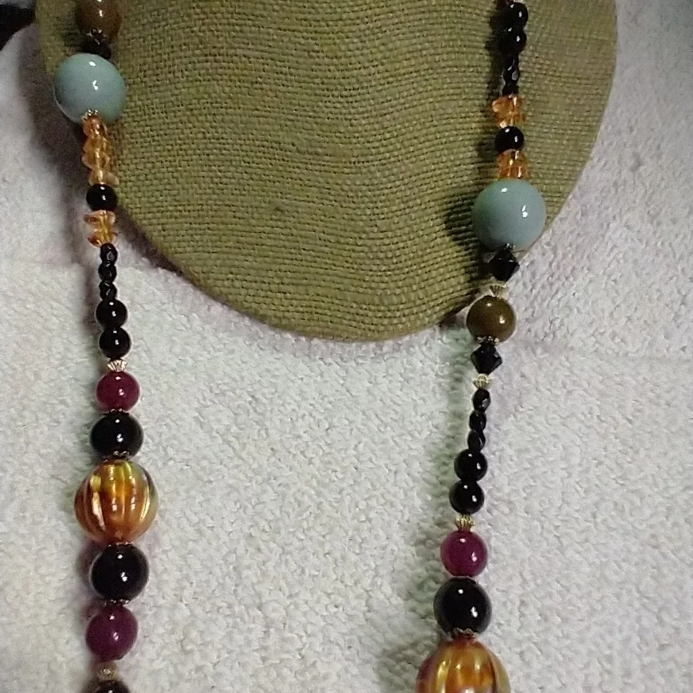 Multi color long beaded necklace